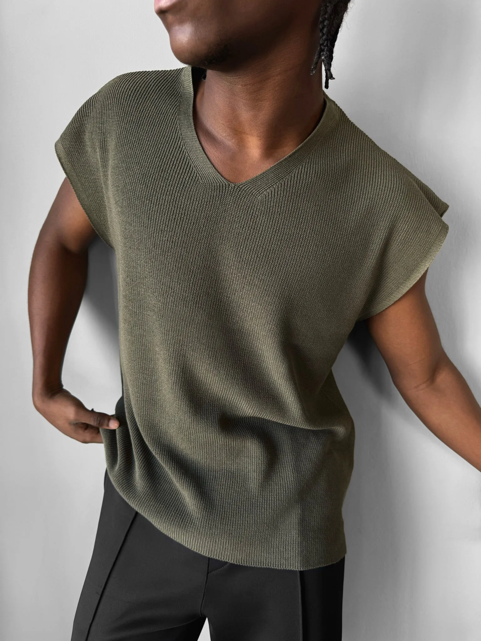 Oversize rolled Edge Knit Tanktop - Khaki