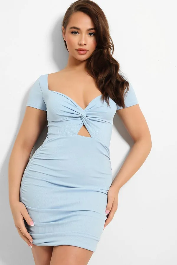 PALE BLUE TWISTED PEEK-A-BOO BODYCON MINI DRESS