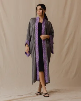 Palm Tree Satin Kimono Light Grey X Purple