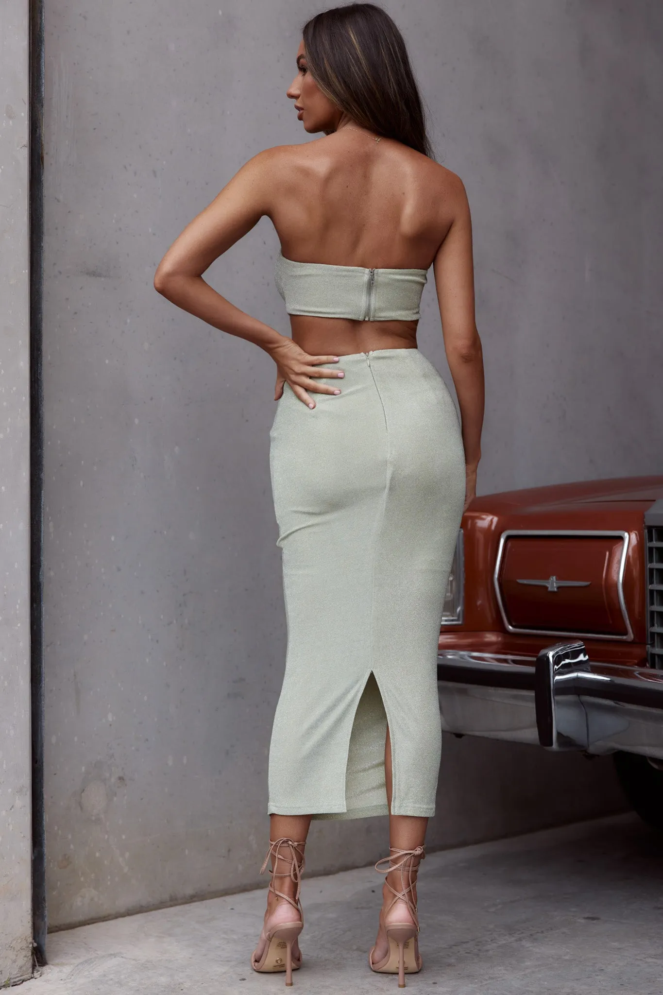 Paradiso Strapless Cut-Out Waist Midi Dress Matcha