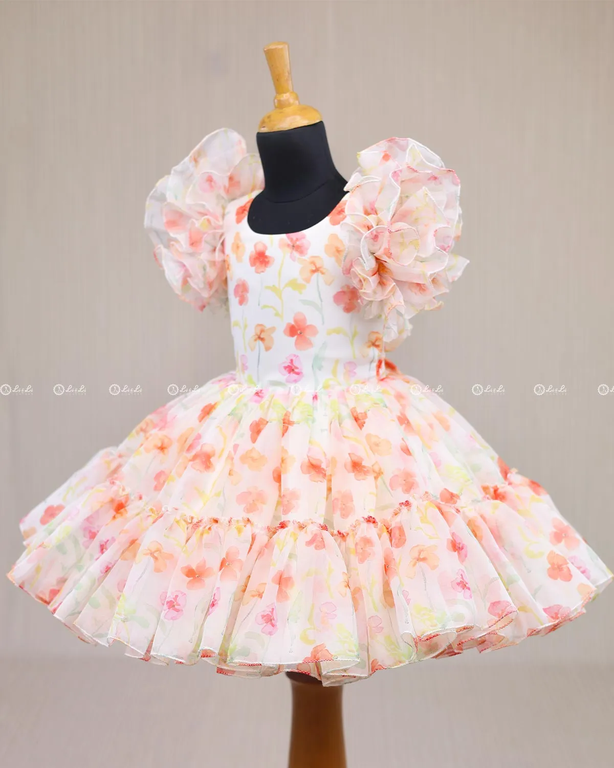 Peach Floral Printed Organza Short Dress.