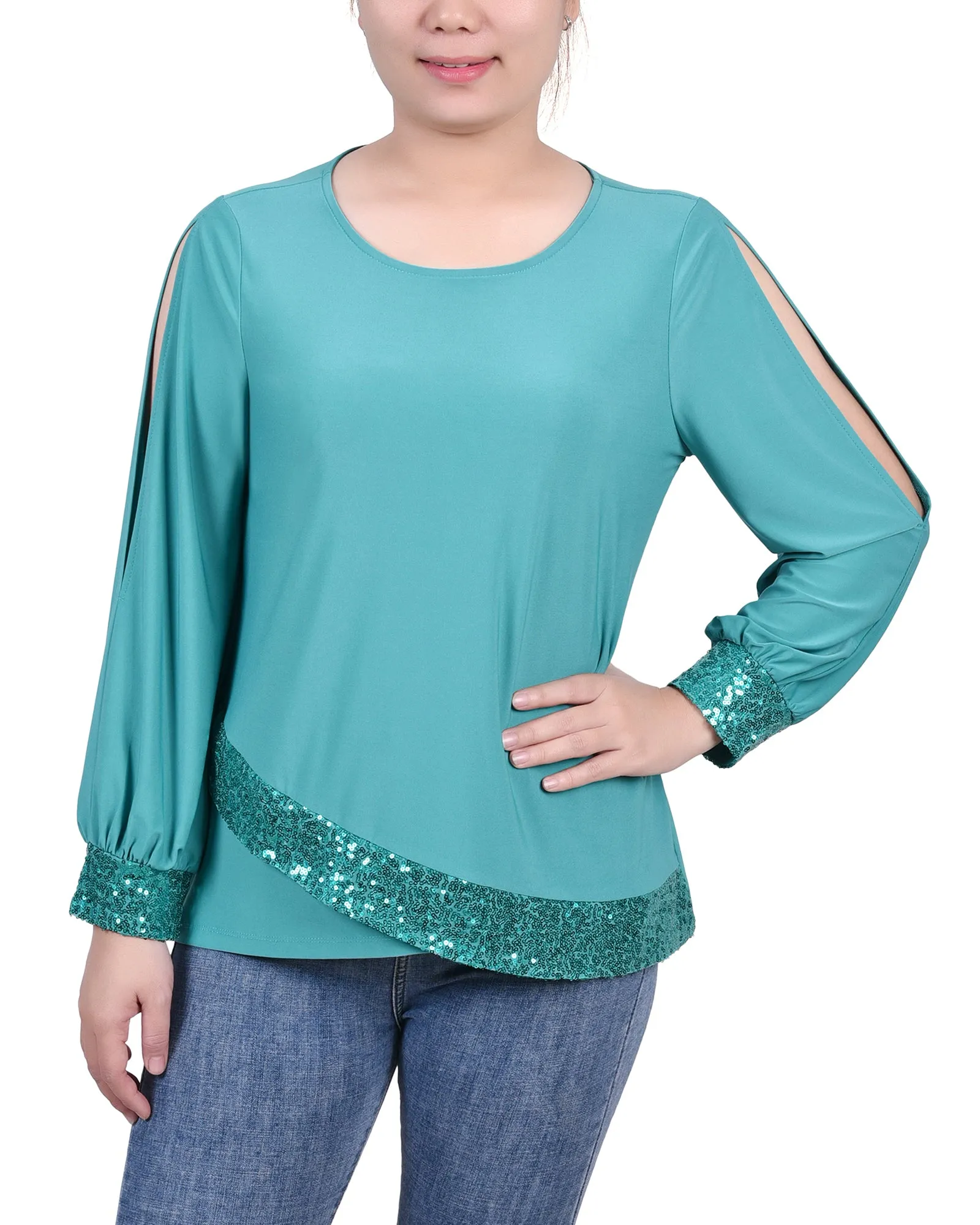 Petite Long Sleeve Knit Top With Sequin Hem