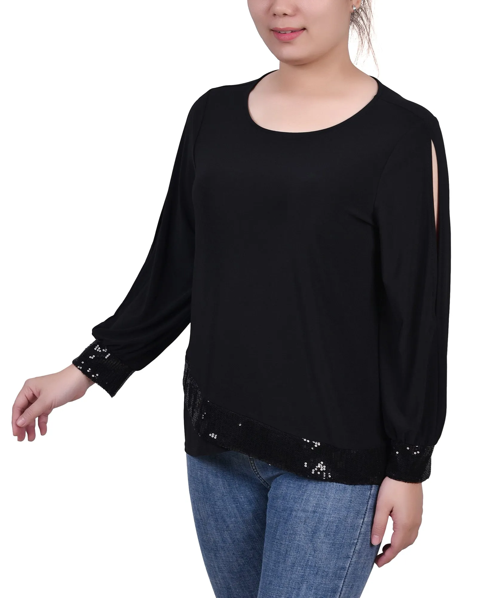 Petite Long Sleeve Knit Top With Sequin Hem