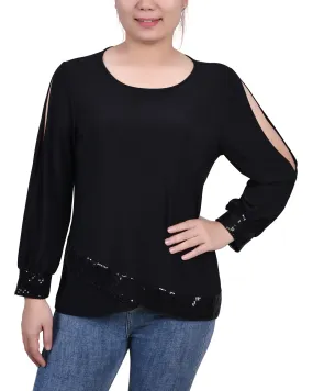 Petite Long Sleeve Knit Top With Sequin Hem