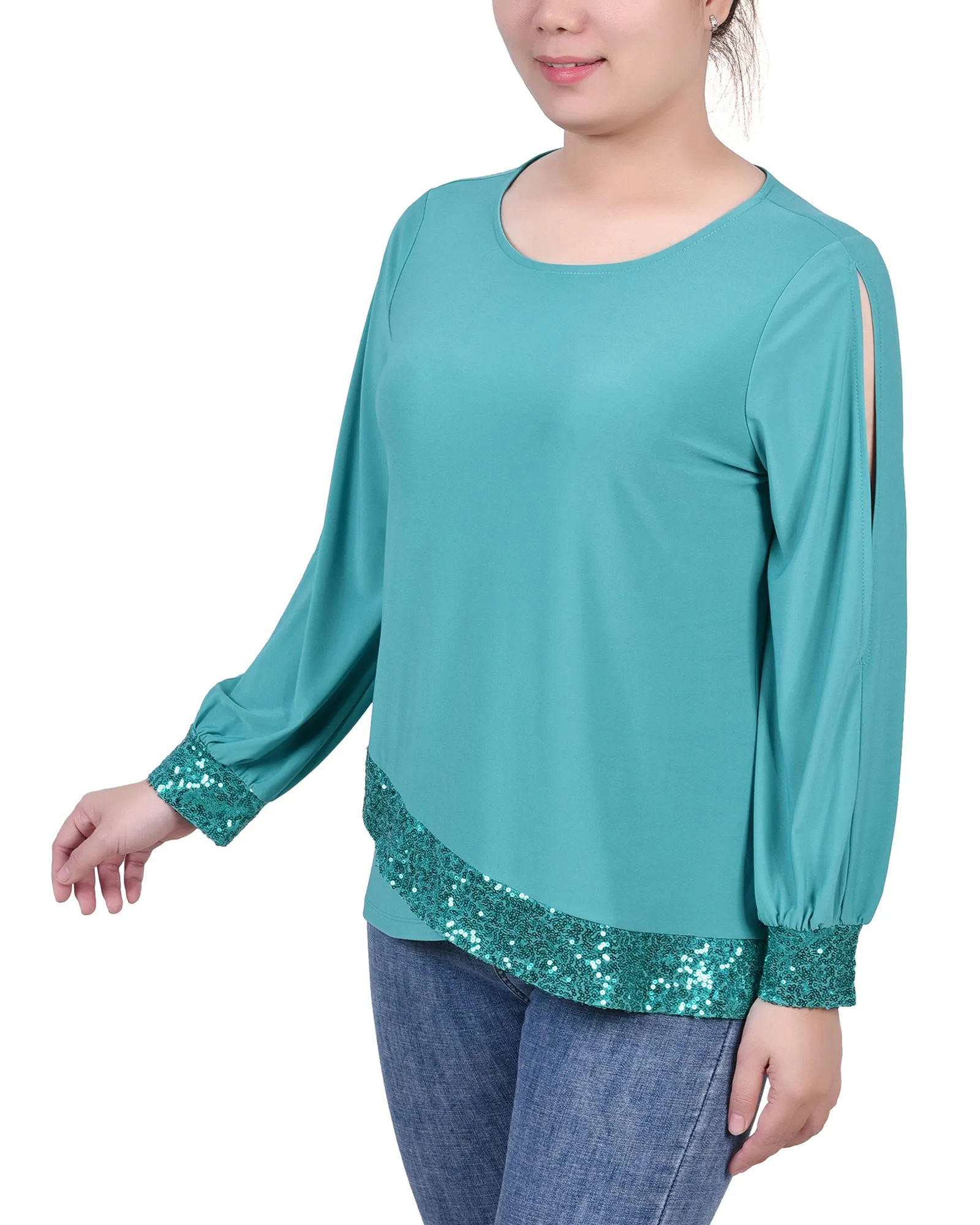 Petite Long Sleeve Knit Top With Sequin Hem