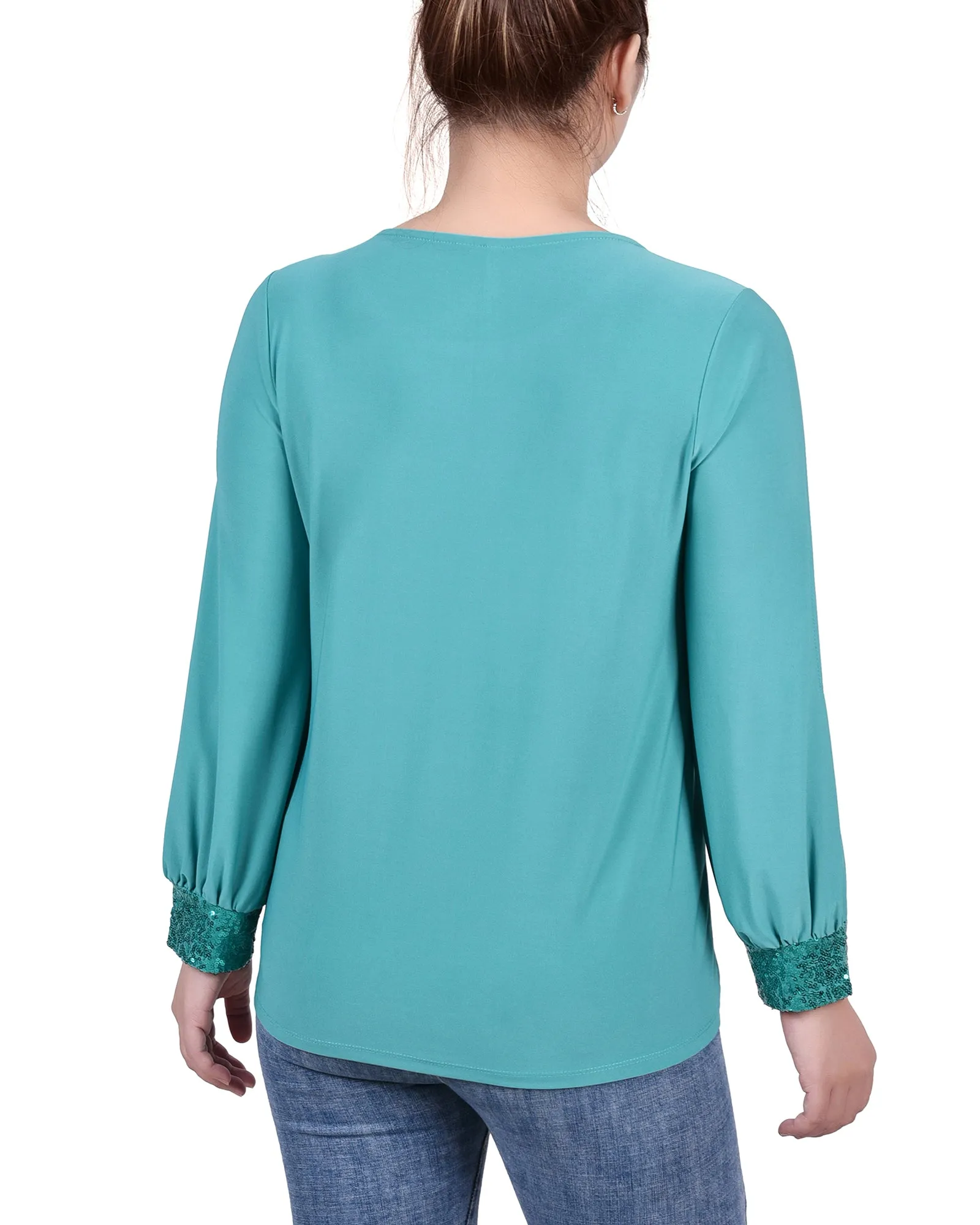 Petite Long Sleeve Knit Top With Sequin Hem