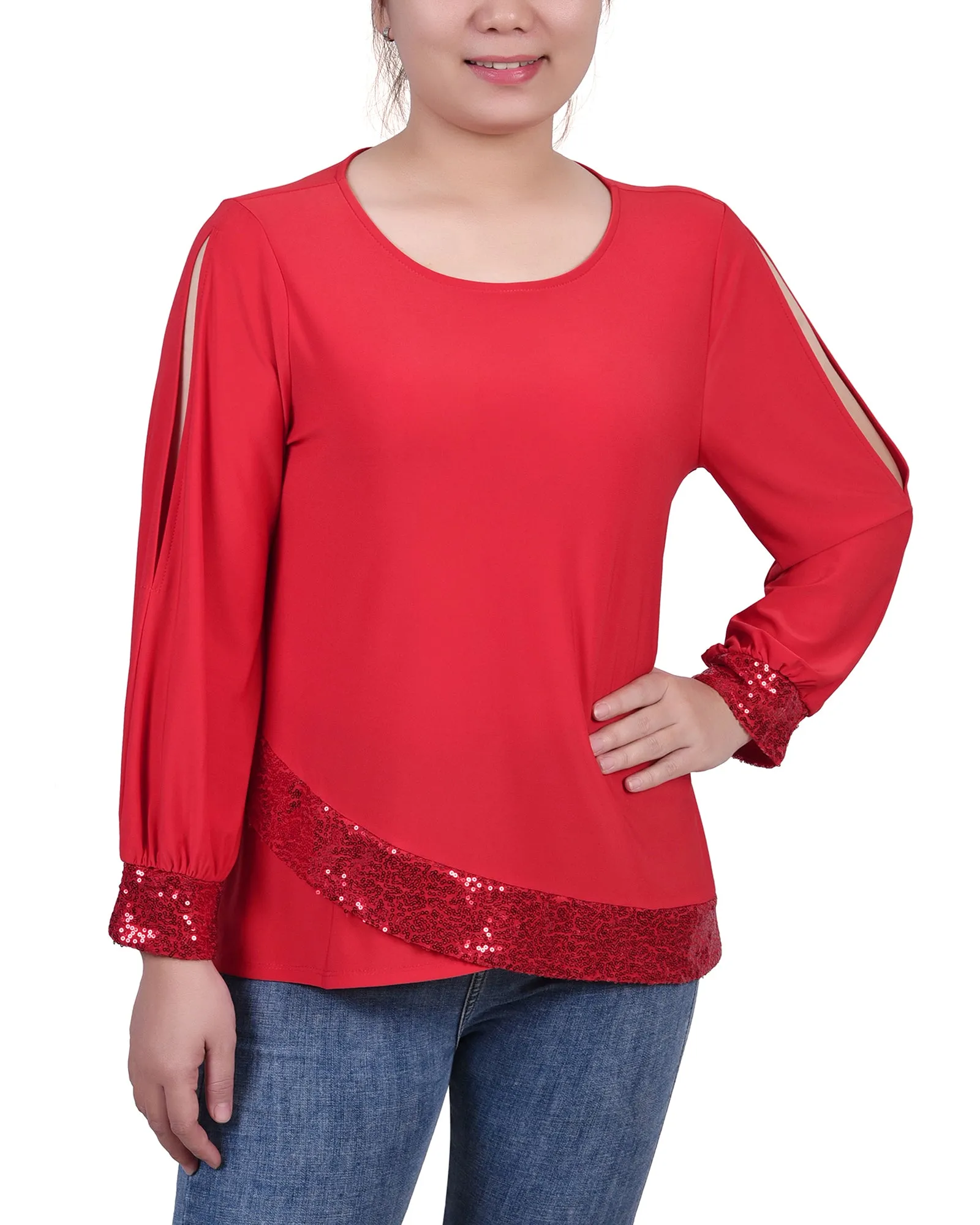 Petite Long Sleeve Knit Top With Sequin Hem