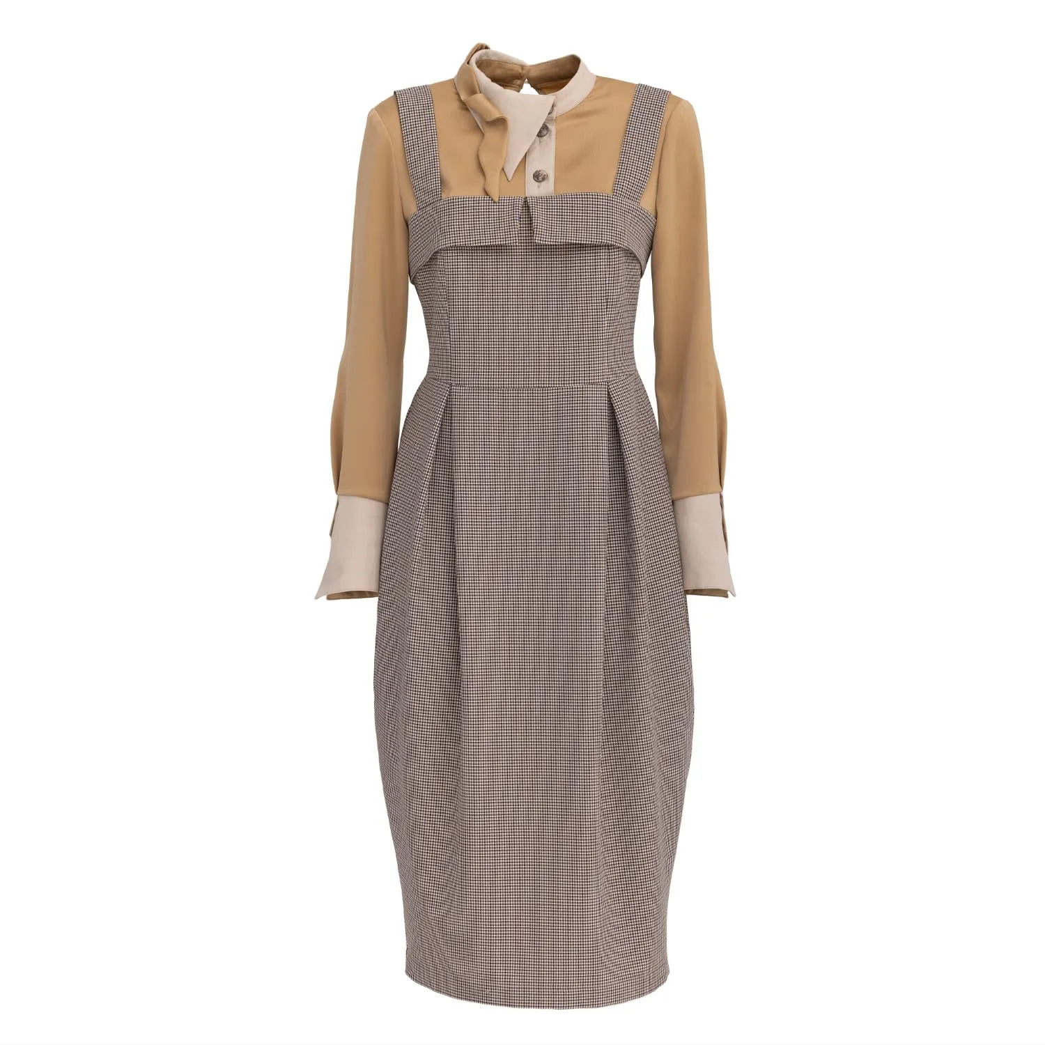 Pinafore Dress With Wide Straps And Blouse Insert Beige