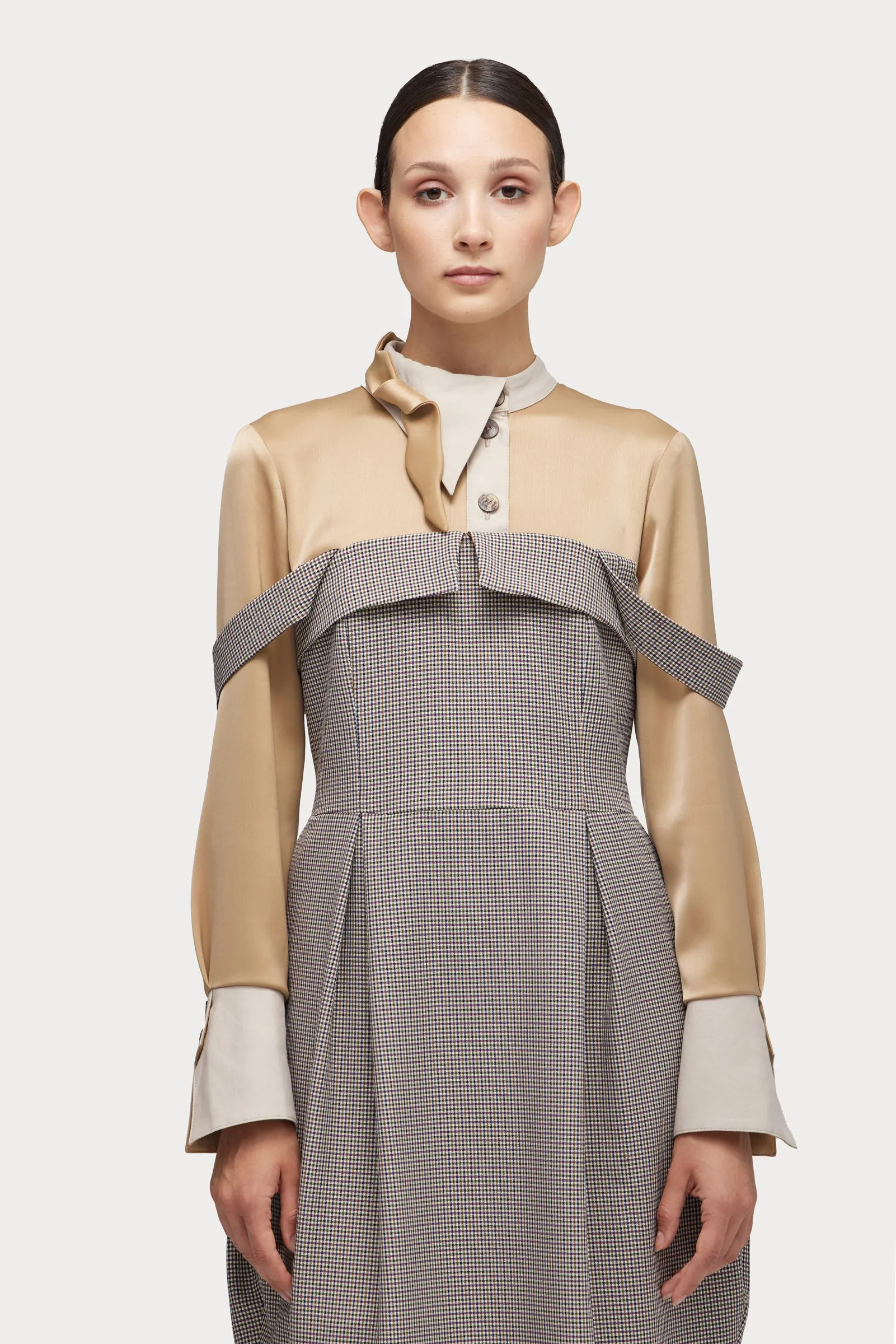 Pinafore Dress With Wide Straps And Blouse Insert Beige