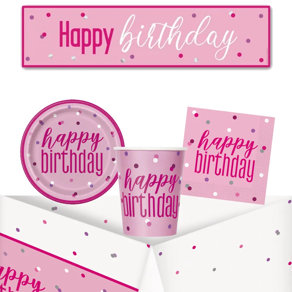 Pink & Silver Birthday Glitz Tableware Pack for 8 with FREE Banner!