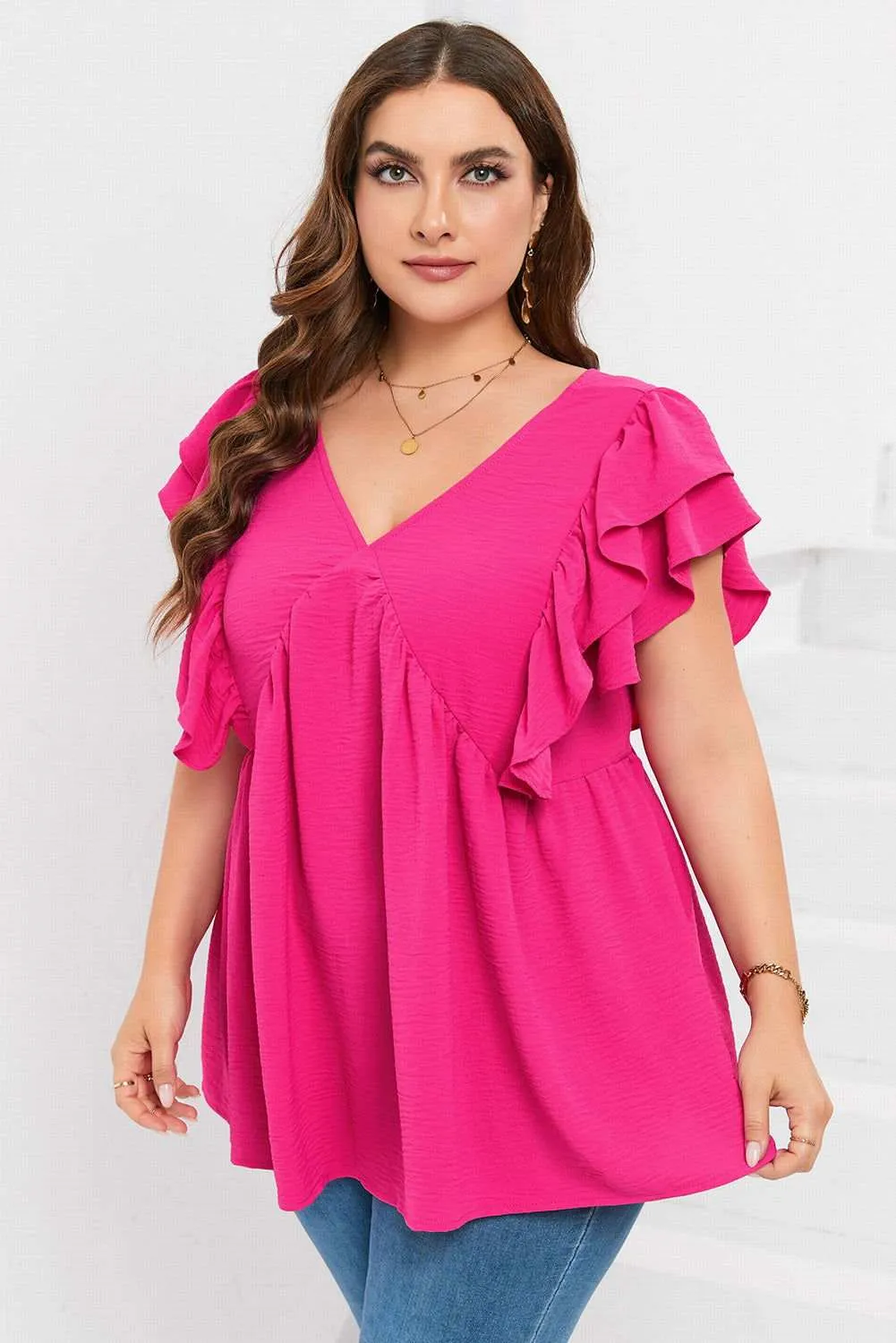 Pink Crinkle V Neck Tie Back Ruffle Plus Size Top - Shop Now