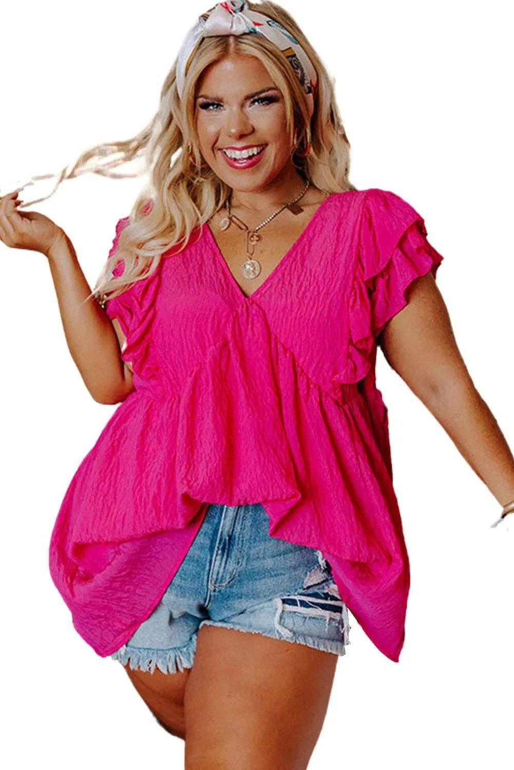 Pink Crinkle V Neck Tie Back Ruffle Plus Size Top - Shop Now