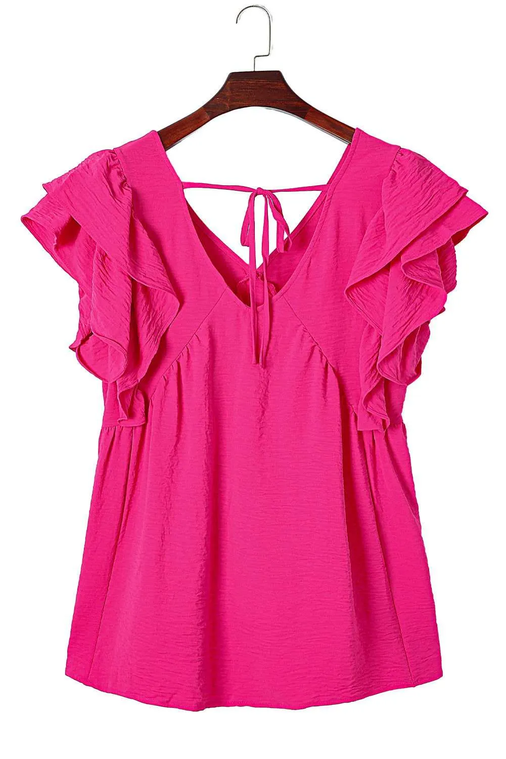 Pink Crinkle V Neck Tie Back Ruffle Plus Size Top - Shop Now