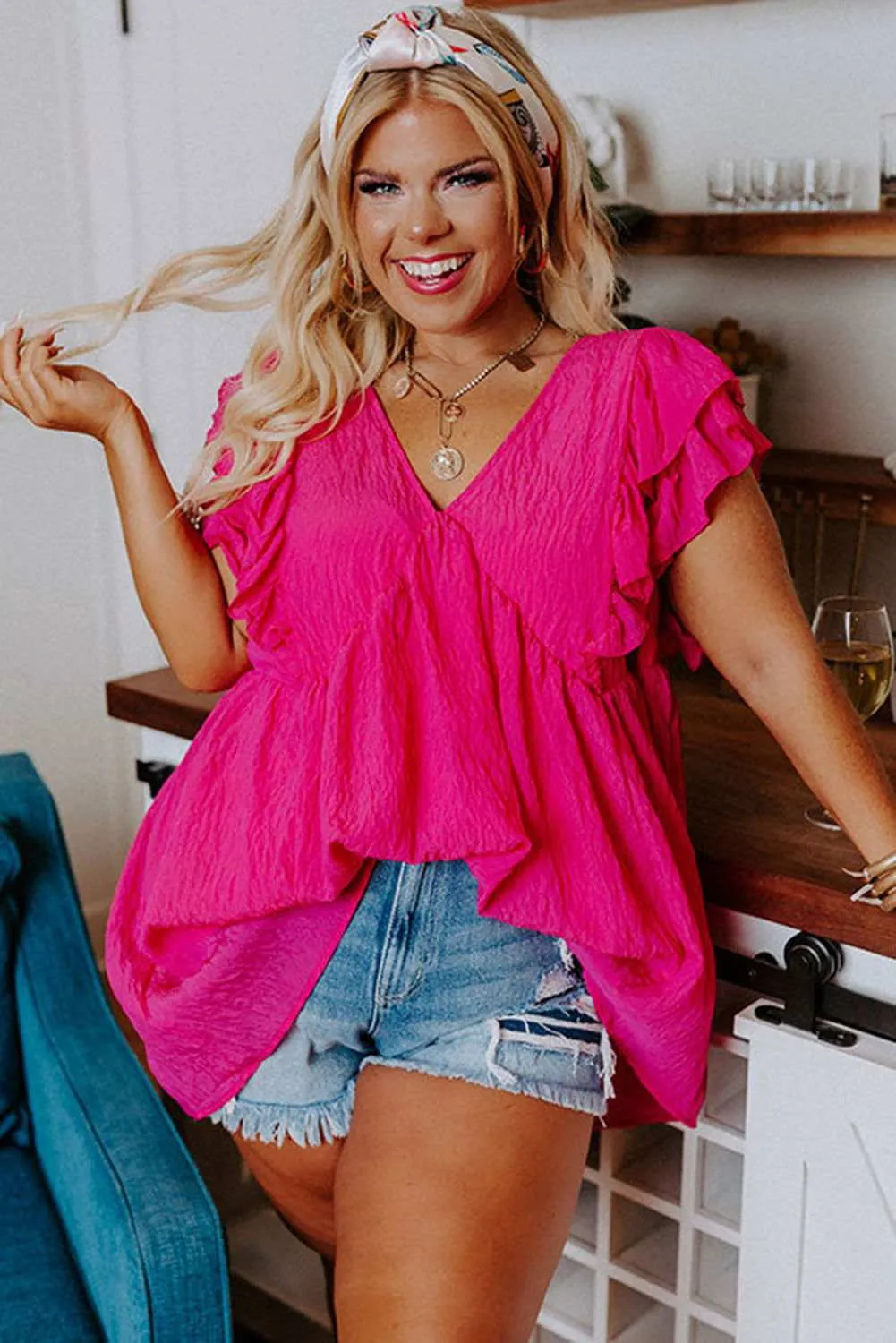 Pink Crinkle V Neck Tie Back Ruffle Plus Size Top - Shop Now