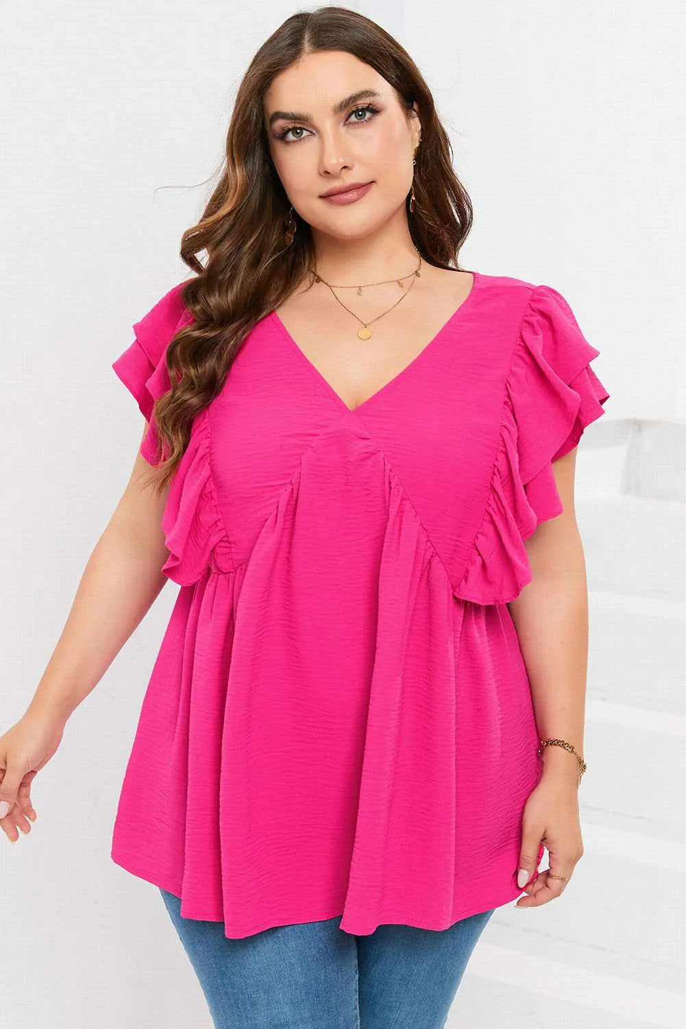 Pink Crinkle V Neck Tie Back Ruffle Plus Size Top - Shop Now