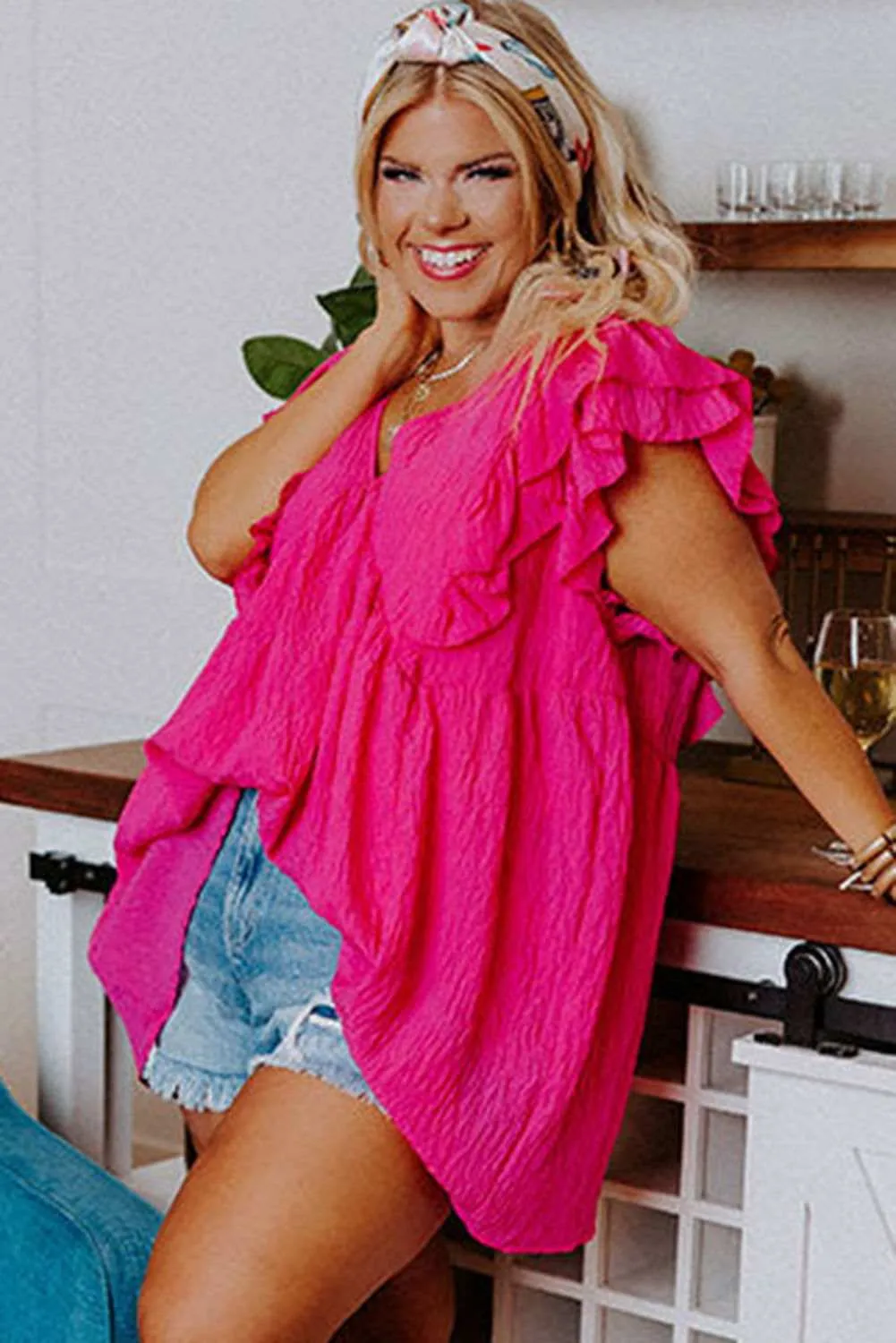 Pink Crinkle V Neck Tie Back Ruffle Plus Size Top - Shop Now