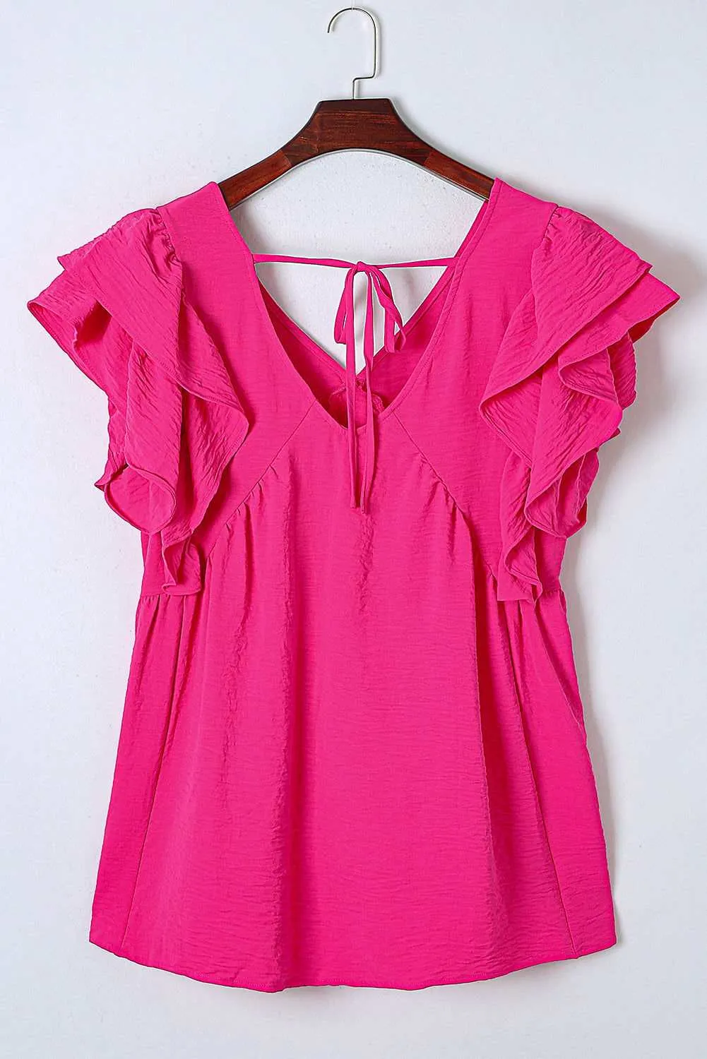 Pink Crinkle V Neck Tie Back Ruffle Plus Size Top - Shop Now