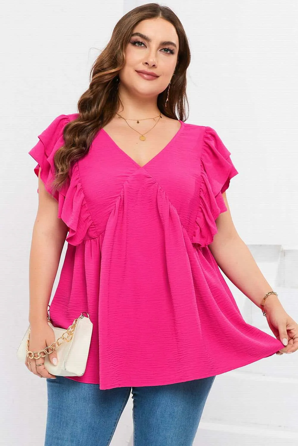 Pink Crinkle V Neck Tie Back Ruffle Plus Size Top - Shop Now