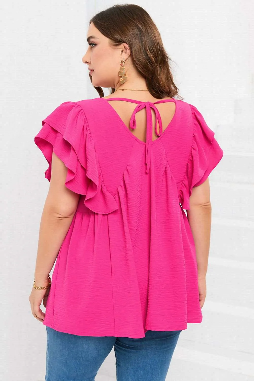 Pink Crinkle V Neck Tie Back Ruffle Plus Size Top - Shop Now