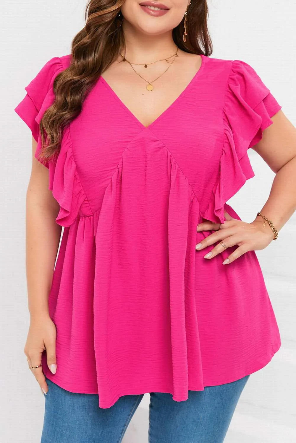 Pink Crinkle V Neck Tie Back Ruffle Plus Size Top - Shop Now