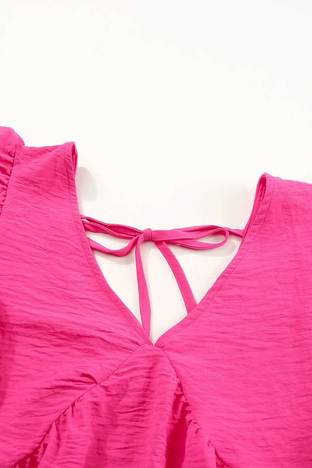 Pink Crinkle V Neck Tie Back Ruffle Plus Size Top - Shop Now