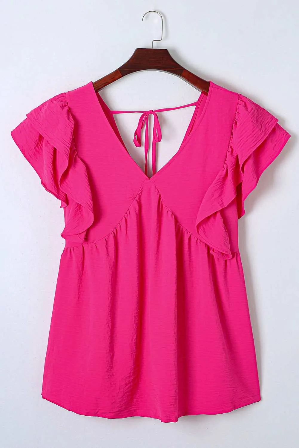 Pink Crinkle V Neck Tie Back Ruffle Plus Size Top - Shop Now