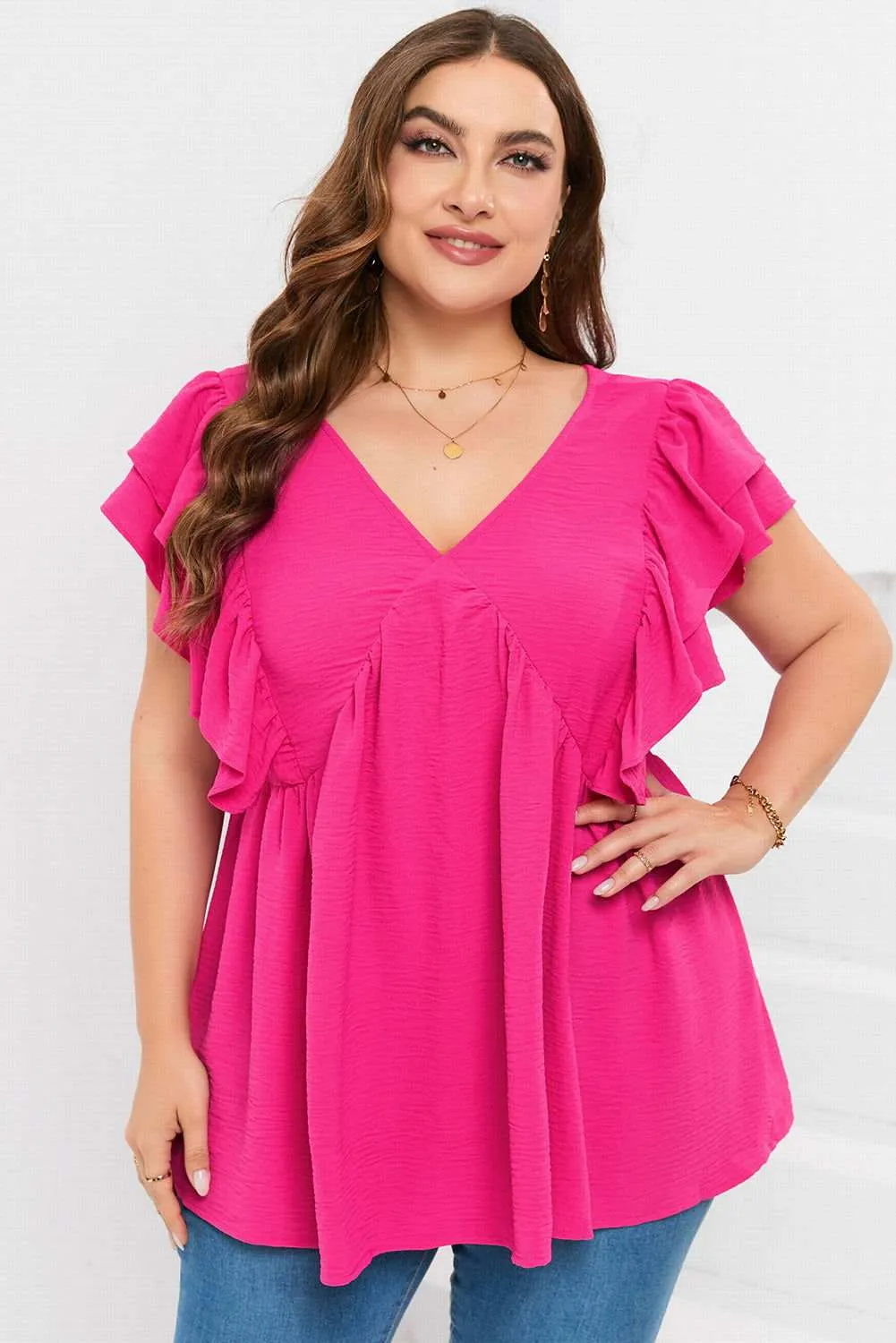 Pink Crinkle V Neck Tie Back Ruffle Plus Size Top - Shop Now