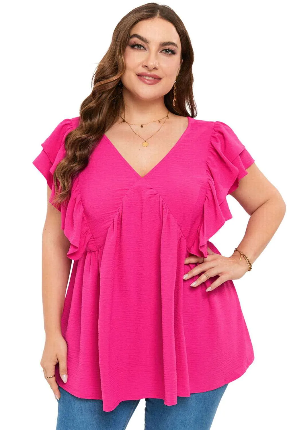 Pink Crinkle V Neck Tie Back Ruffle Plus Size Top - Shop Now