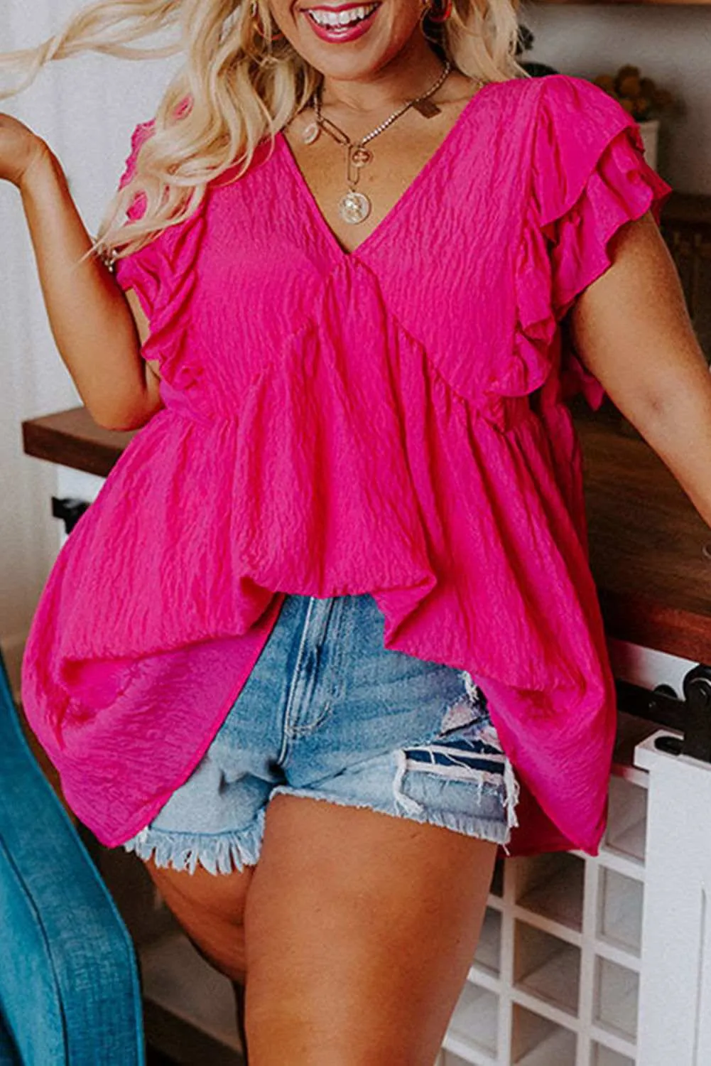 Pink Crinkle V Neck Tie Back Ruffle Plus Size Top - Shop Now