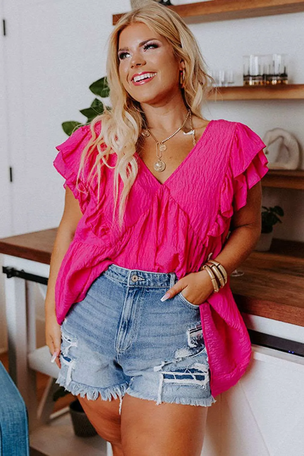 Pink Crinkle V Neck Tie Back Ruffle Plus Size Top - Shop Now