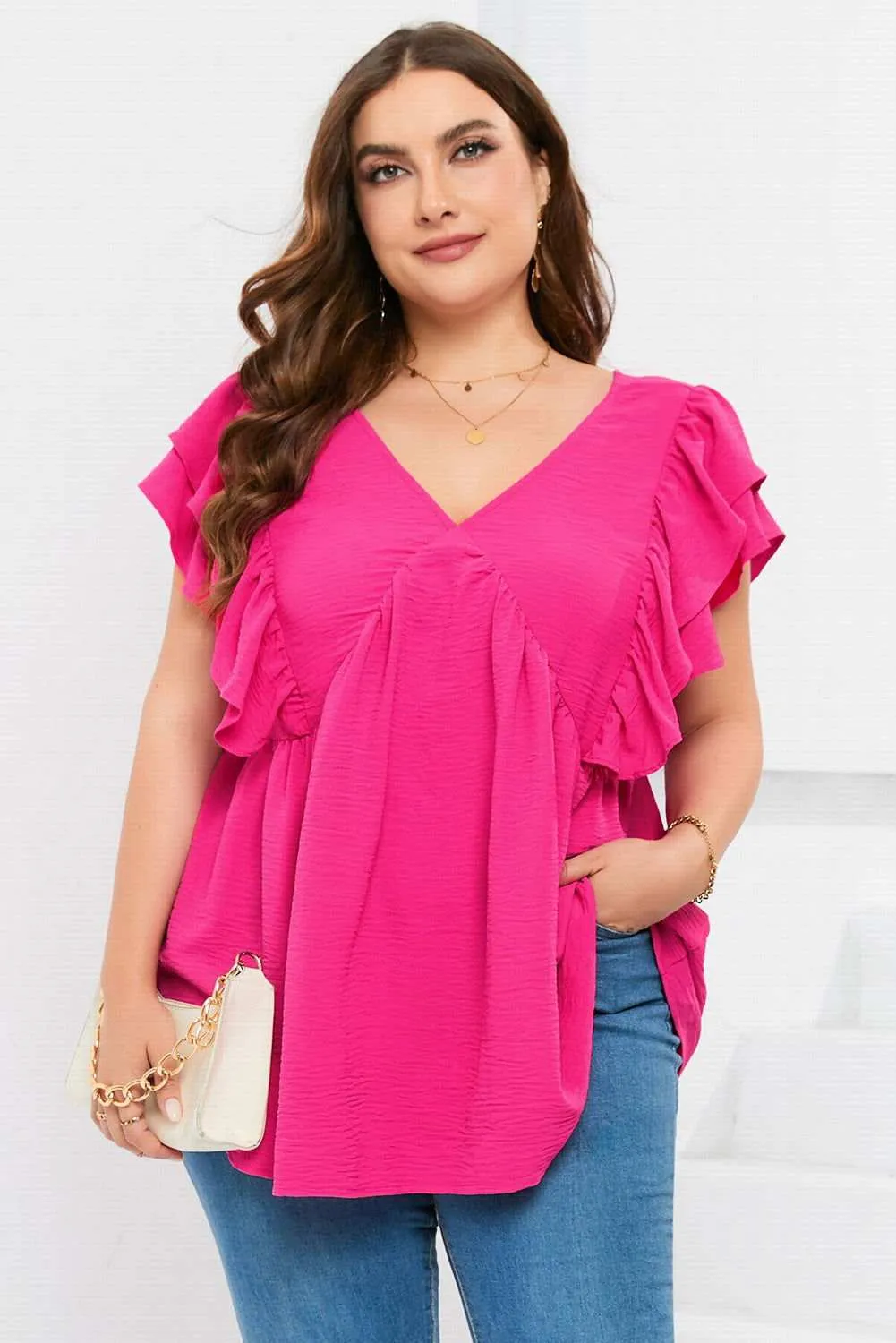 Pink Crinkle V Neck Tie Back Ruffle Plus Size Top - Shop Now