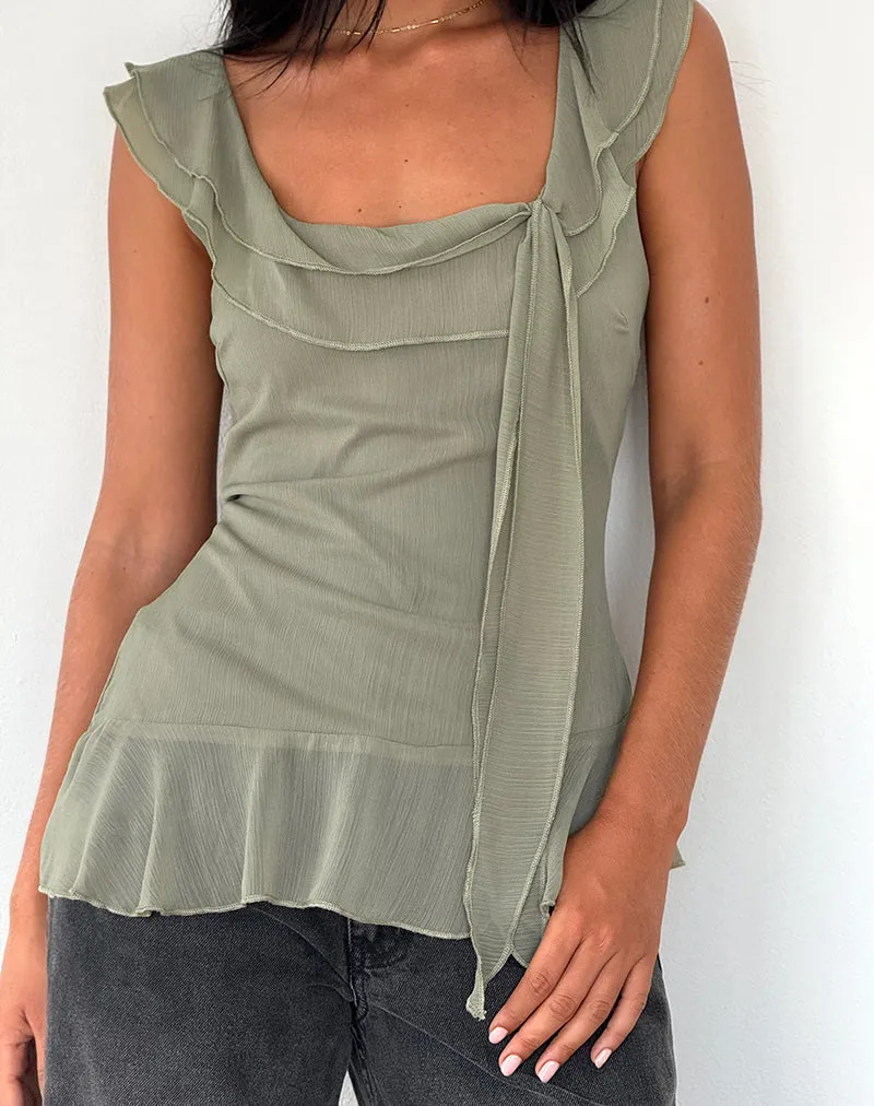 Piro Ruffle Longline Top in Chiffon Olive