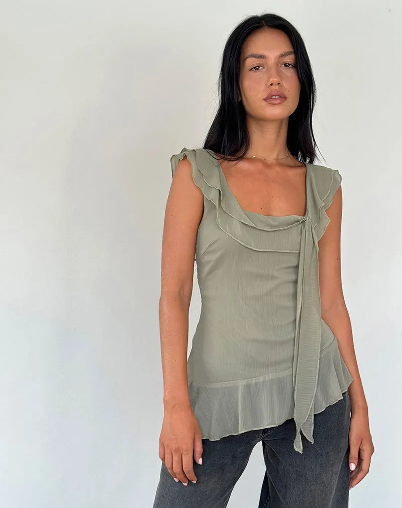 Piro Ruffle Longline Top in Chiffon Olive