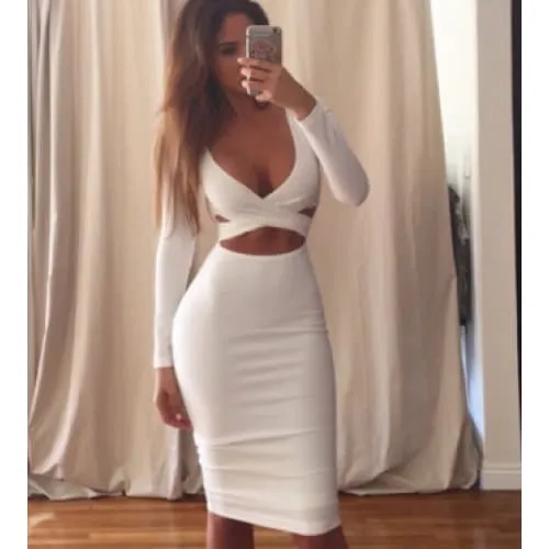 Plunging Neck Criss Cross Cut Out Front Bodycon Dress