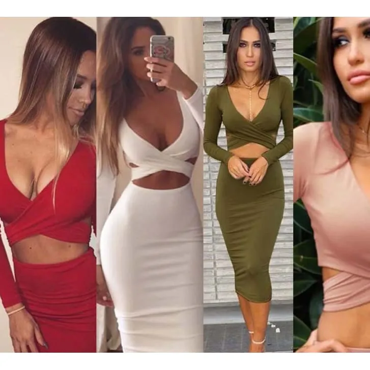 Plunging Neck Criss Cross Cut Out Front Bodycon Dress