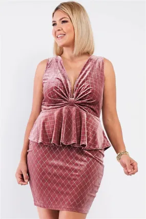 Plus Size Blush Pink Quilted Glitter Print Bow Gathered Plunging V-Neck Flare Hem Fitted Mini Dress