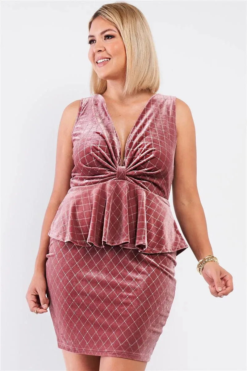 Plus Size Blush Pink Quilted Glitter Print Bow Gathered Plunging V-Neck Flare Hem Fitted Mini Dress