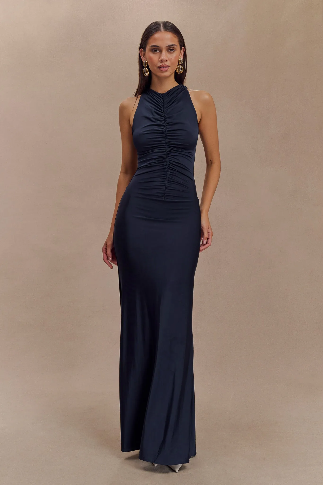 Priya Slinky Ruched Halter Maxi Dress - Navy