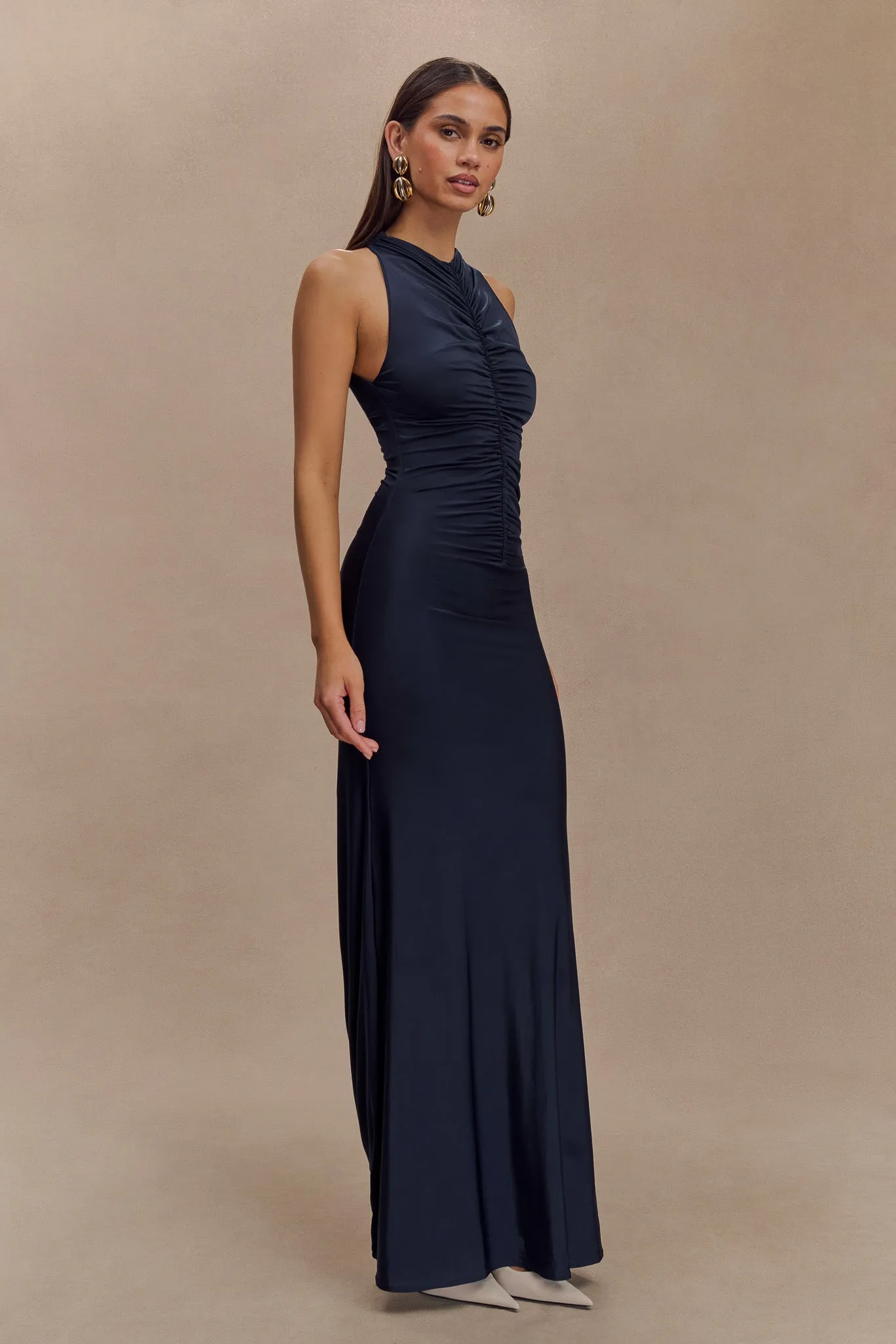 Priya Slinky Ruched Halter Maxi Dress - Navy