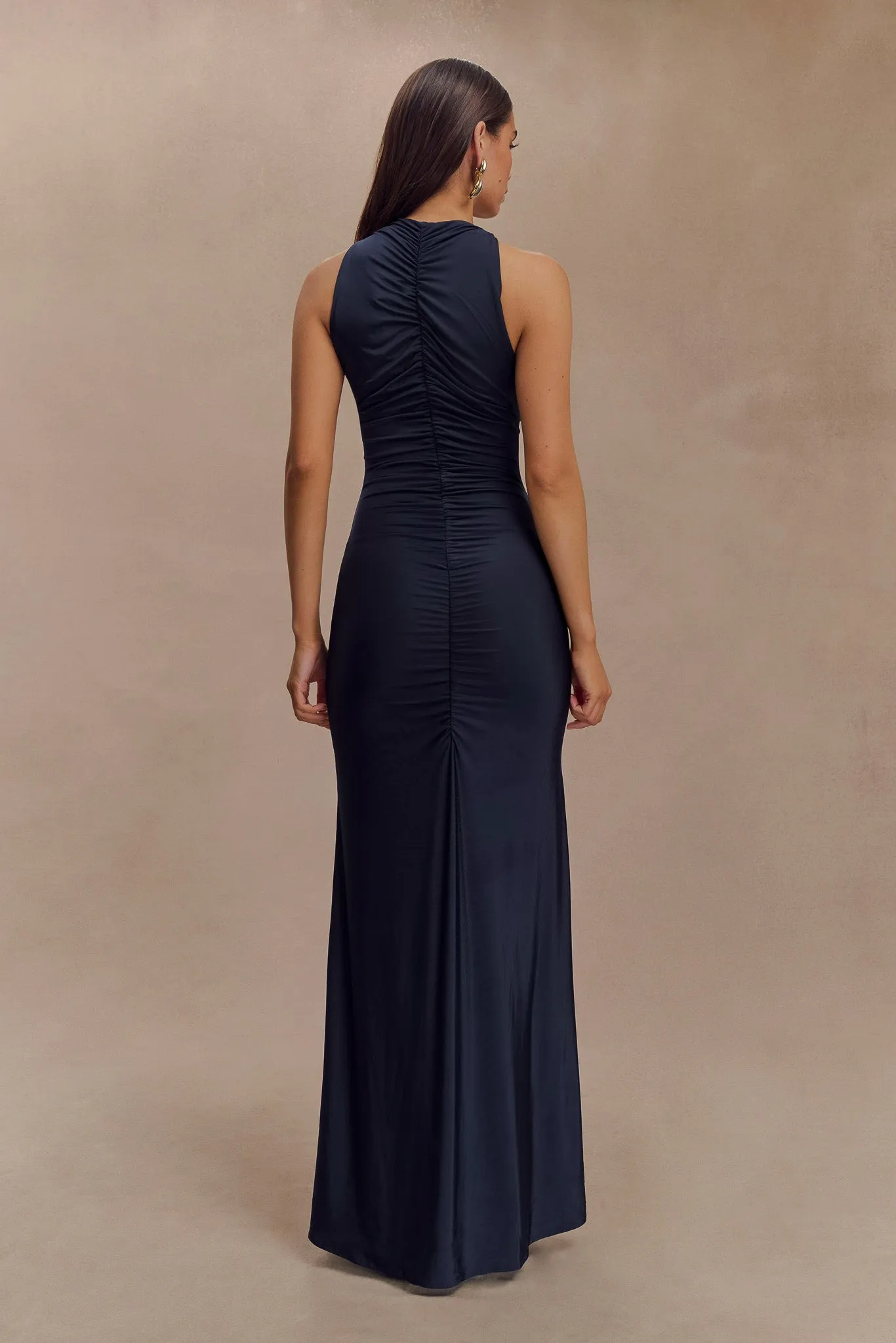 Priya Slinky Ruched Halter Maxi Dress - Navy