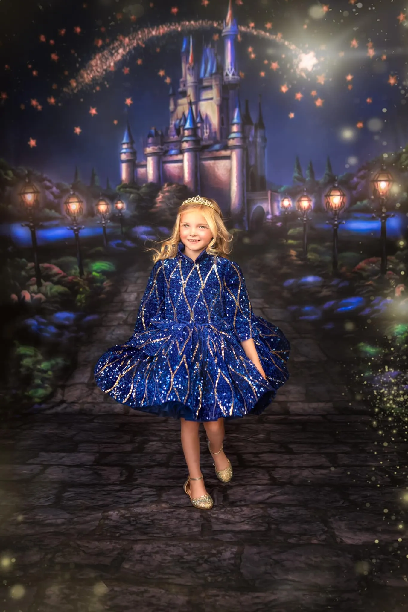 "Sparkling Princess" - Blue - With Sleeve Option Petal Length Dress  ( 5 Year - Petite 6 Year)