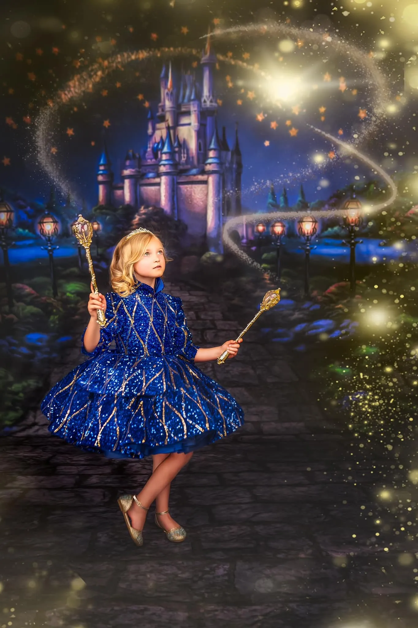 "Sparkling Princess" - Blue - With Sleeve Option Petal Length Dress  ( 5 Year - Petite 6 Year)