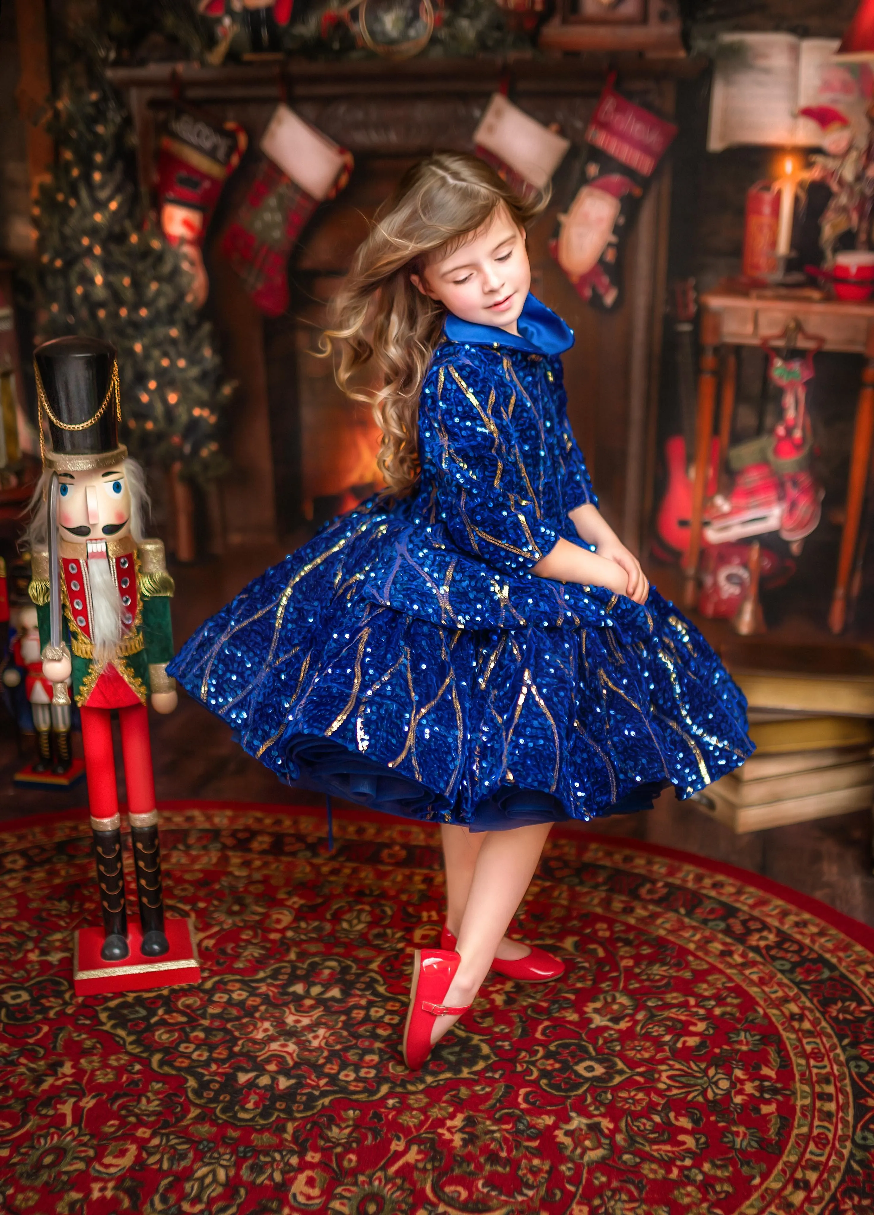 "Sparkling Princess" - Blue - With Sleeve Option Petal Length Dress  ( 5 Year - Petite 6 Year)