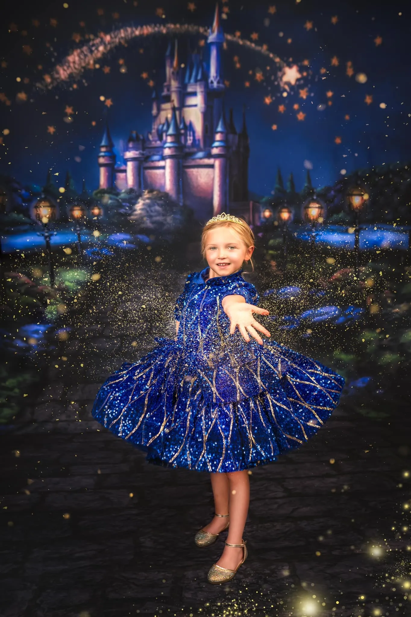 "Sparkling Princess" - Blue - With Sleeve Option Petal Length Dress  ( 5 Year - Petite 6 Year)