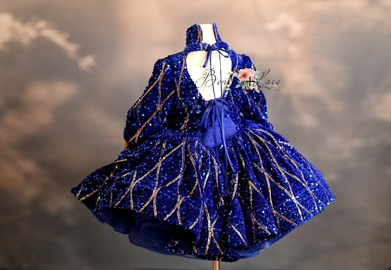 "Sparkling Princess" - Blue - With Sleeve Option Petal Length Dress  ( 5 Year - Petite 6 Year)