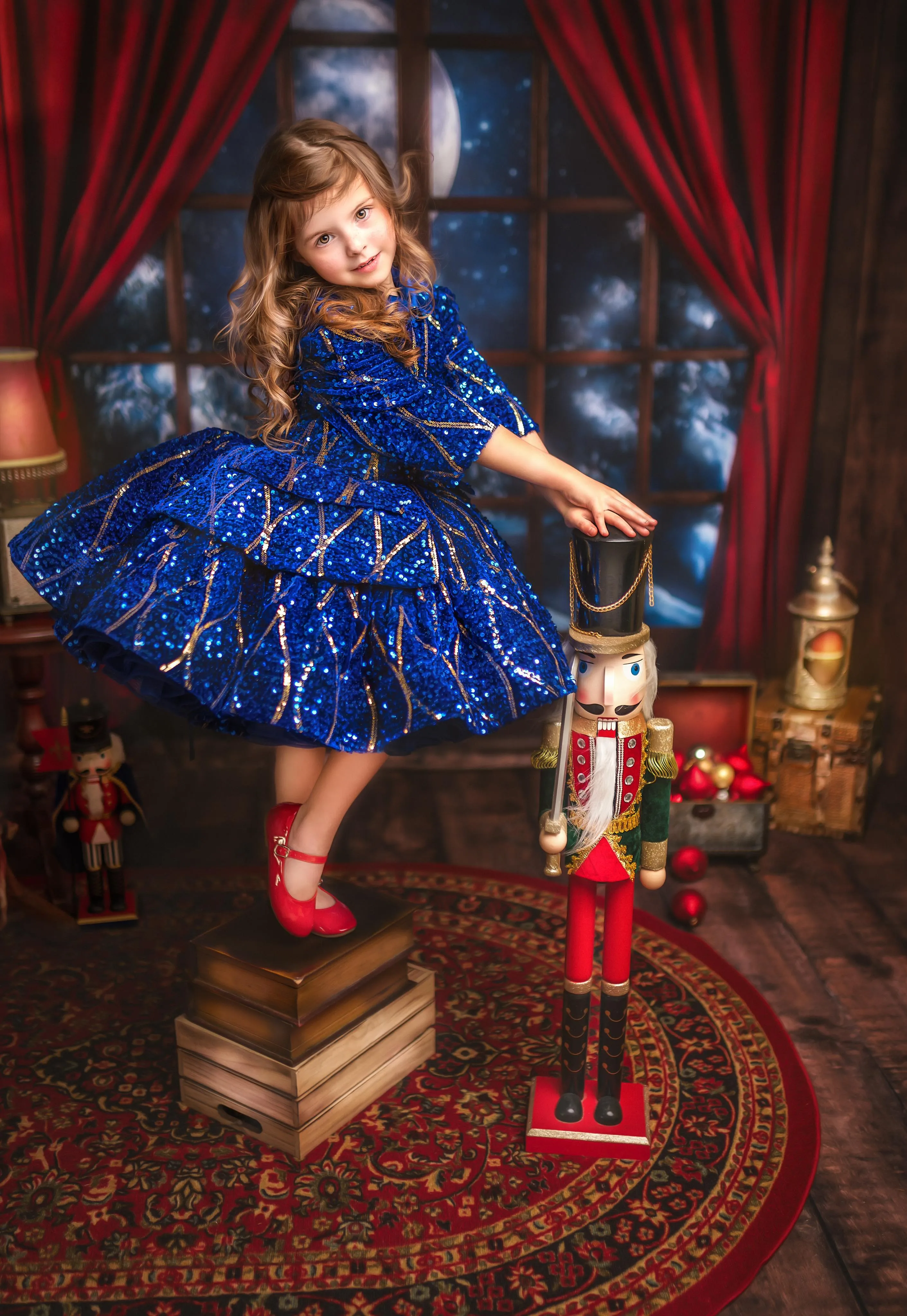 "Sparkling Princess" - Blue - With Sleeve Option Petal Length Dress  ( 5 Year - Petite 6 Year)