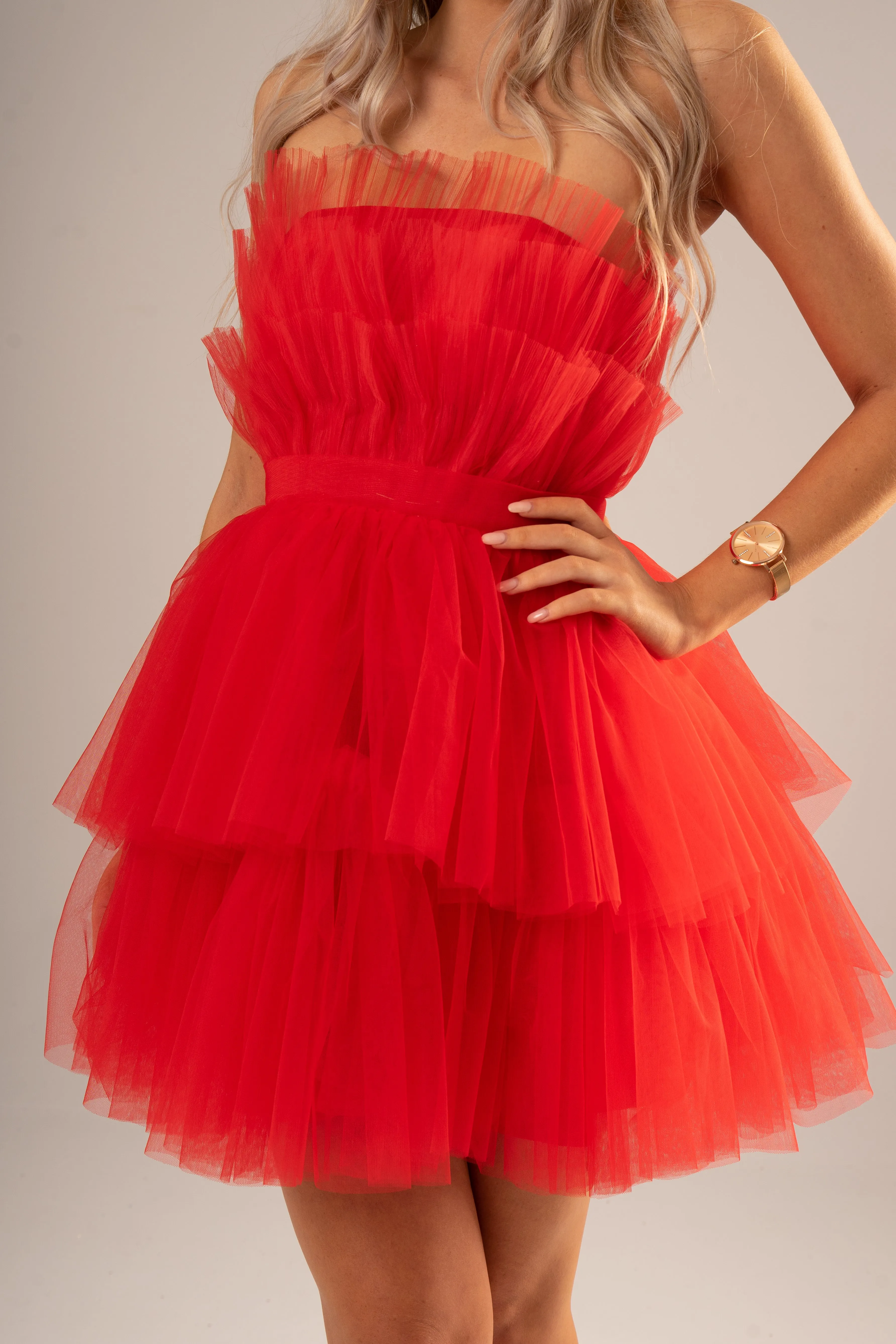 Red pleated layered high and low tulle dress for hire