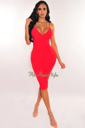 Red V Neck Spaghetti Straps Ruched Dress