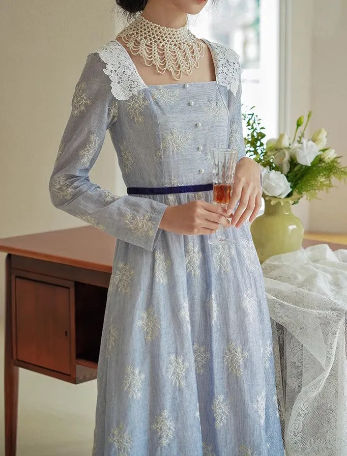 Retro French Lace Trim Embroidered Dress