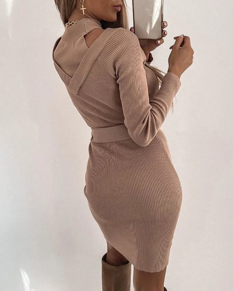 Ribbed Long Sleeve Cold Shoulder Bodycon Dress